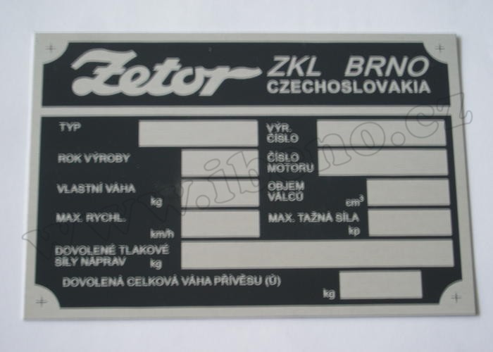 Tovární štítek Zetor ZKL Brno Czechoslovakia