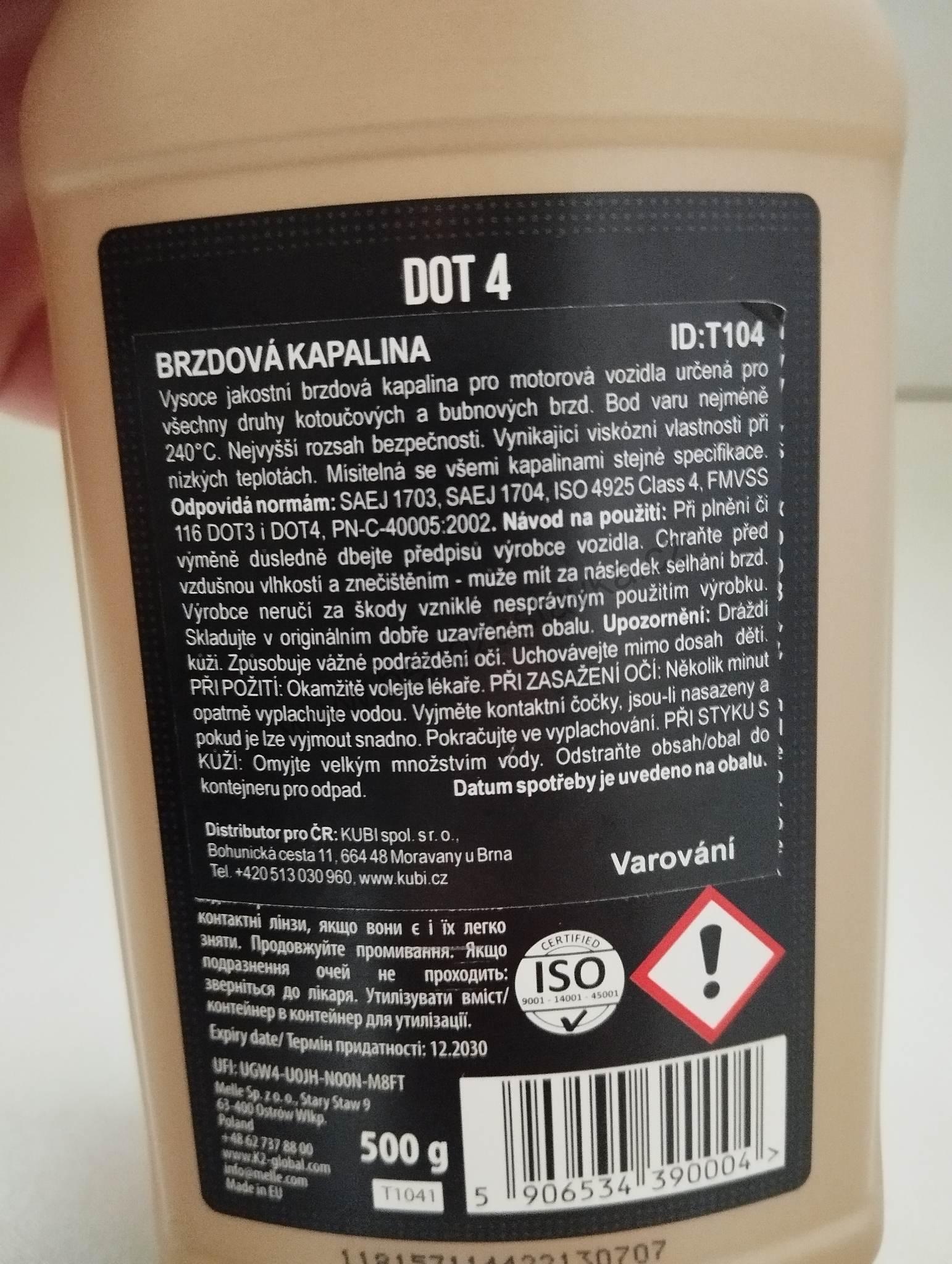 K2 Brzdová kapalina DOT4  - 0,5 litrů