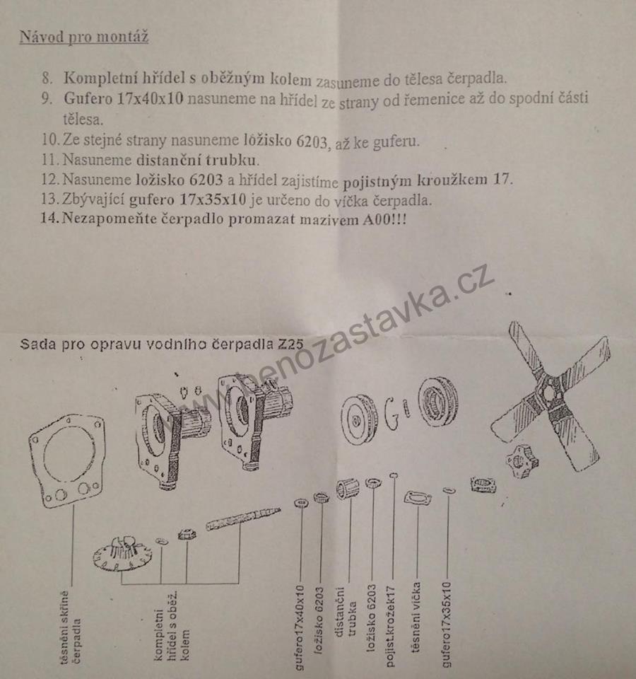 Sada pro opravu vodního čerpadla - Zetor 25 A/K
